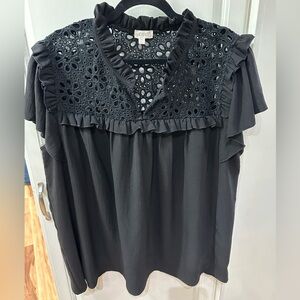 ODDY Black Ruffle Eyelet Top